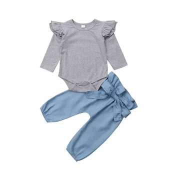 0-24M Novorodenca Dievča Oblečenie Set sa Lietať Rukáv Topy Romper Bowknot Džínsové Nohavice 3ks Oblečenie, Oblečenie