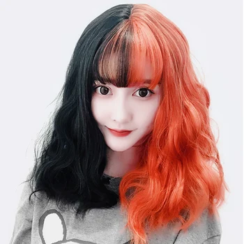 Parochňa žena krátke vlasy black red jin dvojité farby zodpovedajúce módne prírodné neviditeľné trend kučeravé vlasy lolita parochňu plný pokrývky hlavy