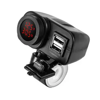 Červená LED 12V Motocykel, Auto USB Nabíjačky 2.1+2.1 w/ Digitálny Voltmeter + Teplomer