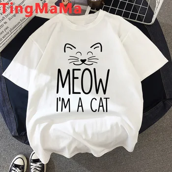 Kawaii Vtipné Mačku T Shirt Harajuku Letné Topy Cartoon T-shirt Estetické Ulzzang Cat Graphic Tees Japonské Anime T-shirt Žena