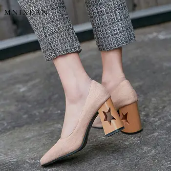 Móda čerpadlá dámske topánky nové 2020 jar blok námestie päty duté vysoké podpätky jasné, plytké bežné dámy plátno topánky veľkosť 33 9