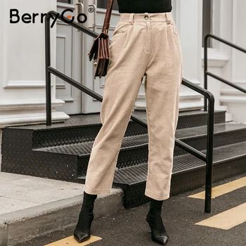 BerryGo Bežné kliešte ženy menčestrové nohavice Dna málo flexibilné žena jeseň ceruzkou nohavice Stredný pás dámske nohavice