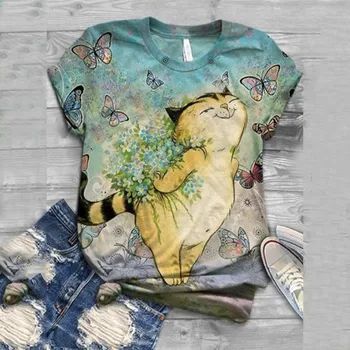 Plus Veľkosť Ženy Krátky Rukáv 3D Zvierat Vytlačené Kawaii oblečenie O-Krku Topy Tričko T-Shirt Estetické oblečenie футболка для женщин