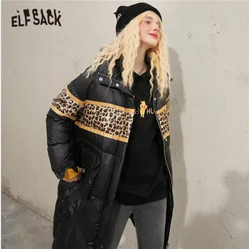 ELFSACK Leopard Patchwork Nadrozmerná Bežné Kapucňou 90% Biele Kačacie Nadol Kabát Ženy,2020 Zimné ELF kórejský Dámy Denne Teplé Outwear