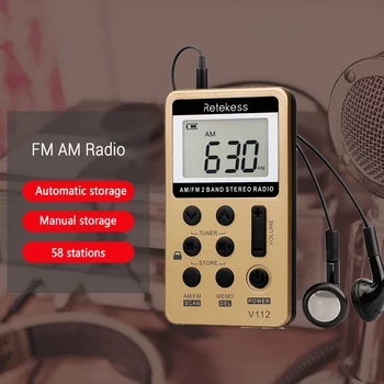 RETEKESS V112 Mini Ručné Prenosné Rádio FM, AM 2 Kapela Digital Pocket REadio Prijímač Slúchadlá Reproduktor Pre prehrávač Walkman vandrovku