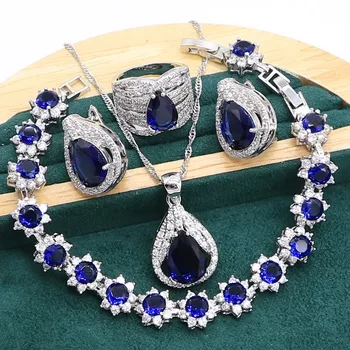 Royal Blue Sapphire 925 Sterling Silver Šperky set pre Ženy, Náramok Hoop Náušnice, Náhrdelník prívesok, Prsteň