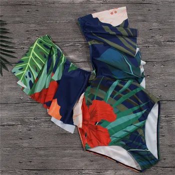 2018 Ženy Plavky Jeden Kus Zelenej Listovej Prehrabať Plavky Ponoriť Hlboko V Lete Plávanie Oblek Push Up Paded Pláž nosiť Kombinézu