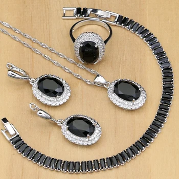 925 Sterling Silver Šperky Black CZ White Crystal Šperky Sady Pre Ženy Kúzlo, Náušnice, Prstene S Kameňom/Náramok/Náhrdelník Nastaviť