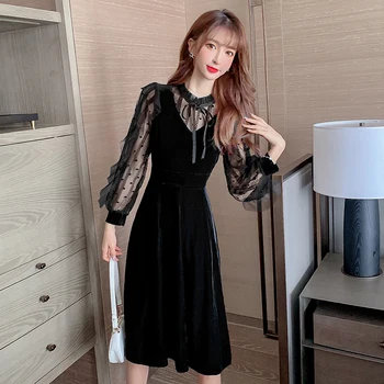 COIGARSAM francúzsky Štýl Volánikmi Ženy jednodielne šaty kórejský Nový Roztomilý Patchwork Čipky Luk Šaty Black 516