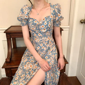 Ženy Letný Kvetinový Tlač podkolienok Šaty Ženskej Módy Lístkového Rukáv Sexy Split Slim Elegantné Šaty Vintage Šaty