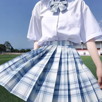 Ženy Lete Modrý Oceán A-line Vysoký Pás Skladaný Kockované Sukni & Kravatu Harajuku Japonská High School Atraktívne Dievčatá Mini Sukne Nastaviť