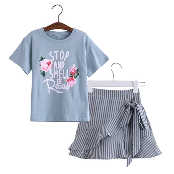 Letné Dievčenské Oblečenie Nastaviť Kvetinový Tričko+Prekladané Luk Sukne 2 Ks Bežné Set Pre Dievčatá Teenage Zimné Oblečenie Pre Dievča 6 8 12 Rokov