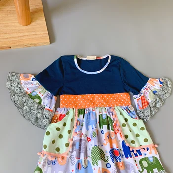 Nové dievča dizajn detské Letné Bavlna slon vzor čipky šaty hodvábne Šedá Tmavo zelené šaty hore