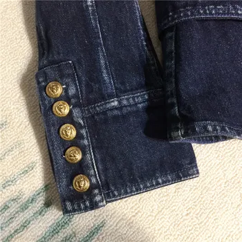 Ženy denim jeans bunda s dlhým rukávom, dvojité breasted zlatá farba tlačidiel slim bundy outerswear nové 2019 jar modrá