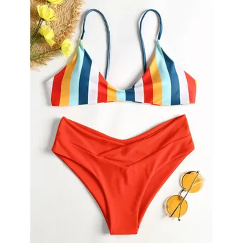 ZAFUL Rainbow Bikini 2018 Pruhované Plavky Ženy Vysoký v strede zúžený Sexy Plavky Špagety Popruhy Polstrovaný Plavky Biquni plavky