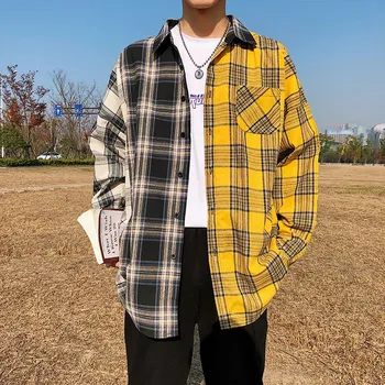 Muži Nadrozmerné Bavlna Kockované Košele 2020 Muž Hip Hop Patchwork Tlačidlo Nahor Dlhý Rukáv Tričko Pár Kórejských Harajuku Oblečenie