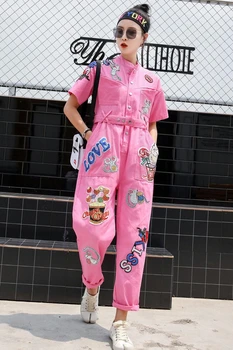 Thajský street fashion hip-hop vietor lesk listov vyšívané jumpsuit veku-prijímanie pás bol tenké módne denim jumpsuit ženy