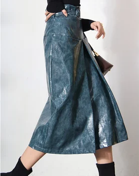 Patent pu kožené lesklý sukne ženy jeseň zima vysoký pás slim kolená dĺžka-line sukne