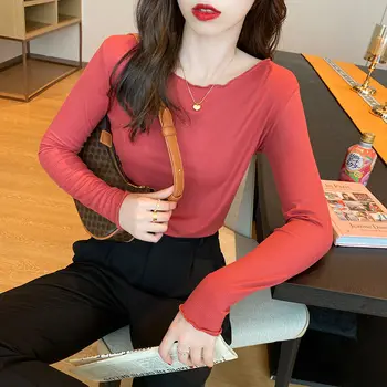 Kórejská Verzia Farbou Nadrozmerné T-shirt Long Sleeve Topy dámske Tričká Zimné Žena Tričká Oblečenie Letné Plus Veľkosť