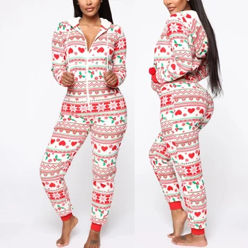 Pyžamá Nastaviť Ženy Sleepwear Nastaviť Vianočné Odev Dlhý Rukáv Zips s Kapucňou Top+Nohavice 2 ks oblečenie pre voľný čas Mäkké Pohodlné Oblečenie