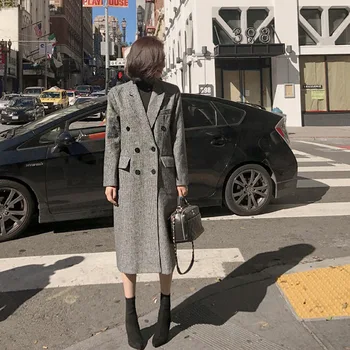 2019 Jeseň a v zime temperament žien francúzsky Hepburn Houndstooth dlho vlnené kabát, bundu mini taška hip sukne dvoch-dielny oblek