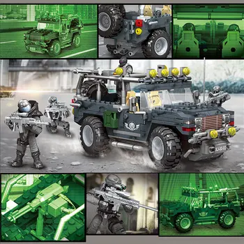 WW2 Série Vojenskej služby Mini SWAT Jeep Auto Soliders Údaje Armáda Zbrane Zbrane Stanovuje Model Stavebné Bloky Model Bábiky Tehly Auta