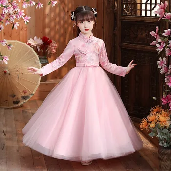Krásne Čínske Dievča Výšivky Cheongsam Princezná Šaty plesové Šaty Flower Girl Dlhé Šaty Deti Nový Rok darček Strany Večerné Šaty