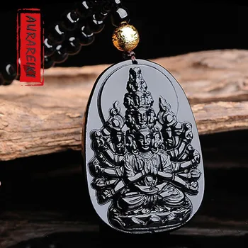 AURAREIKI Obsidian Tisíce Rúk Guanyin Náhrdelník Prívesok Charms Exorcise Zlých Duchov Amulet Prívesok Ornament Malá Unisex