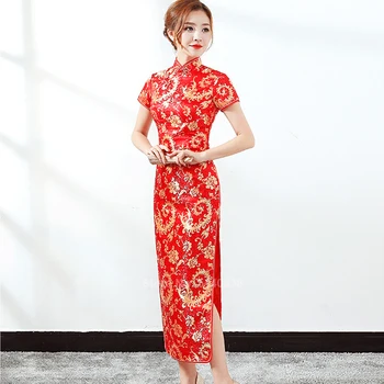 Čínsky Štýl, Tradičné Oblečenie Cheongsam Qipao pre Ženy Vintage Nevesta Svadobné Červený Vzor Vytlačené Saténové Šaty Dlhé Vestido