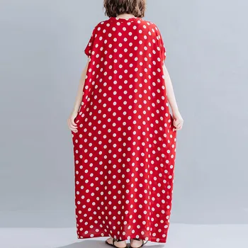 Retro Letné Šaty Žien Sundress Plus Veľkosť Batwing Červená Polka Dot Maxi Šaty Pre Ženy, Veľkosť Vintage Bavlnená Posteľná Bielizeň Šaty