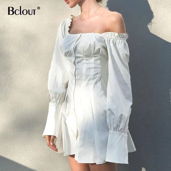 Bežné Tričko S Dlhým Rukávom Šaty Žena Námestie Krku Biele Mini Šaty Ženy Sexy Krátke Elegantné Šaty Prehrabať Jeseň 2020 Vestidos