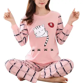 Zimné Roztomilý Kreslený Mačka Tlače Pajama Nastaviť Dve Ženy-kusy Dlhé Rukáv Sleepwear Oblečenie pre Ženy 2021
