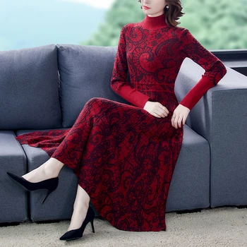 Na jeseň Červená Kvetinový Elegantné 3XL Plus Veľkosť Turtleneck Vlnené Svetre 2020 Zimné Vintage Bežné Pletenie Ženy Bodycon Sveter Šaty