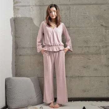 Ženy Oblečenie 2018 Jeseň Dlhým rukávom Nohavice Modálne Tenké Pyžamo Pevné Pyžamá tvaru Pijamas Plavky Sleepwear Pj Nastavenie