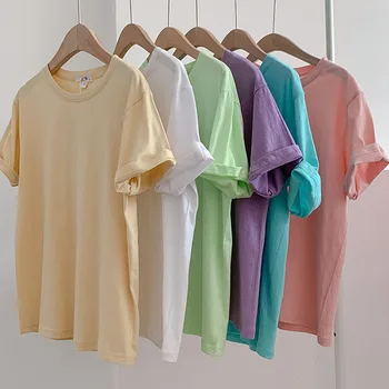 Voľné Farebné Krátke rukávy T-shirt Lete Base Krátky Rukáv O-neck T Shirt Top Fialovej Plus Veľkosť kórejský Topy, Pulóvre