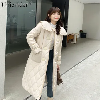 Unicinder 2020 Zimné plus veľkosť bavlna čalúnená šaty žena Navy golier kórejský horn tlačidlo bavlna dámske zimné kabáty #61007