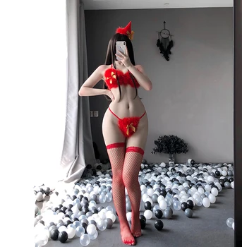 2020 Vianočné Cosplay Kostýmy, Sexy králik Červená spodná Bielizeň Chlpaté Podprsenka Remeň Rozkošný Horúcich Erotických Dievča Sieťovina Kombinézu Pre Ženy