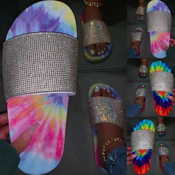 Ženy Papuče Lete Roku 2020 Flip Flops Bežné Bling Candy Drahokamu Rainbow Listov Pošmyknúť Na Byty Topánky Outdoorové Sandále Pláže
