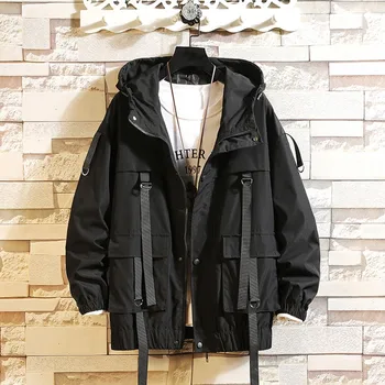 Streetwear Cargo Bunda Muži Jeseň Zima Pevné Windbreaker Outwear Kabát Veľké Kód Náradie Streetwear Black Hoody