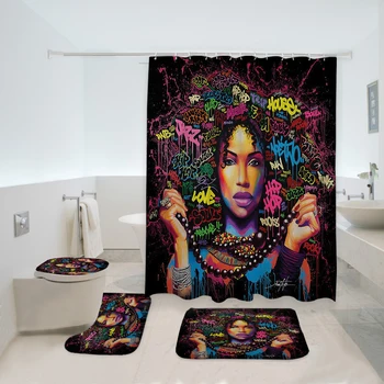 Miracille Umelecké Afrike Ženy Vytlačené Sprchový Záves Nastaviť Polyester Vaňa Záves S Kúpeľňou Mat Nastaviť EÚ Portrét