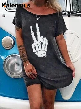 KALENMOS Punk Lebky Kvetinový Tlač Šaty pre Ženy Letné Voľné Mimo Ramenný Mini Party Šaty Šaty Vestidos De Mujer Plus Veľkosť