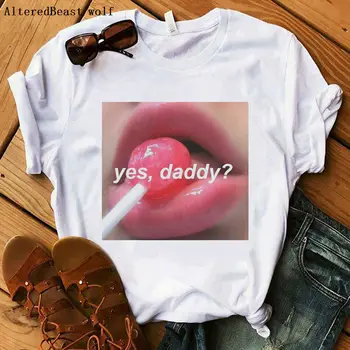 2020 Áno, Otecko T Shirt Ženy Ružové Pery Cukru Sexy Estetické Kawaii Harajuku T-shirt 90. rokov Módne Tee Topy Žena Biele Oblečenie