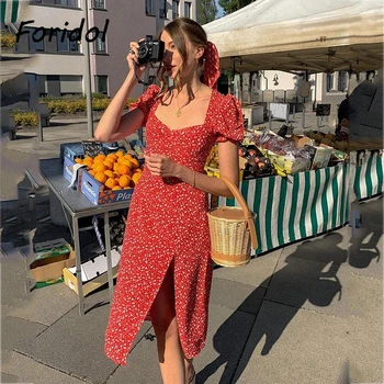 Foridol Lete Boho Dlhé Šaty Žien Kvetinový Tlač Vintage Maxi Otvorom Červené Šaty Lístkového Rukáv 2021 Pláži Elegantné Modré Šaty