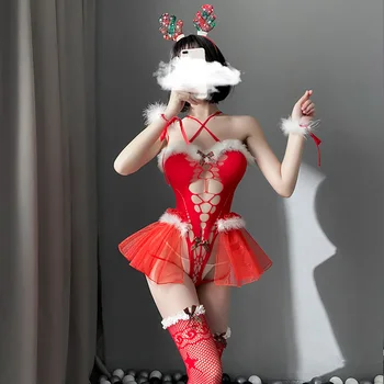 Porno Santa Claus Cosplay Kostýmy Duté von Oblečenie Pokušenie Bielizeň Sexy spodnú Bielizeň Červená Vianočné Kombinézu Ženy Erotický Set