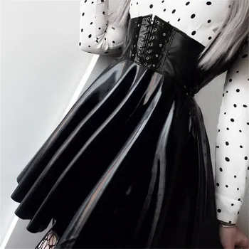 2020 Gotický Obväz Faux Kožené Čierne Skladaný A-Line Sukne Ženy Bežné Vysoký Pás Na Zips, Pevné Žena Mini Sukne