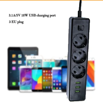 AXAET EHUA Multifunkčné rozvodky 3 3 Zásuvky USB Port Zásuvka EÚ Plug 1.8 m Kábel Rozšírenie Elektrickej 250V 10A Nabíjačku domov