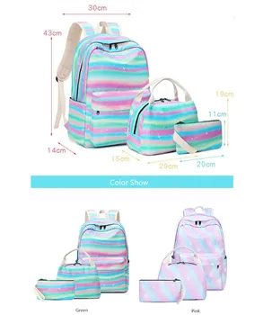 Fengdong školské tašky pre dospievajúce dievčatá fashion stripe waterpfoof školský batoh deti potravín taška deti pero ceruzka taška sada