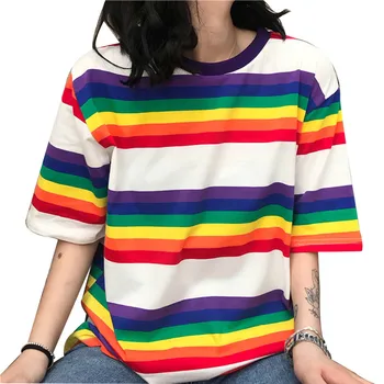 Módne Farebné Print T Shirt Ženy Lete Krátky Rukáv Topy&Tees Príležitostné O-Krku Voľné T-shirt Módne Pruhované Tričko Streetwear