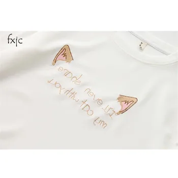 2018 letné dámske nové mačka uši list výšivky voľné okrúhlym výstrihom, krátke nové krátke krátke predné dlhé tričko dámske tričko femal
