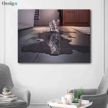 Mačka, Tiger Odraz Zvierat Zábavné Plagát Jednoduché Plátno Art Print Motivačný Paiting Stene Obraz pre Obývacej Miestnosti Dekorácie